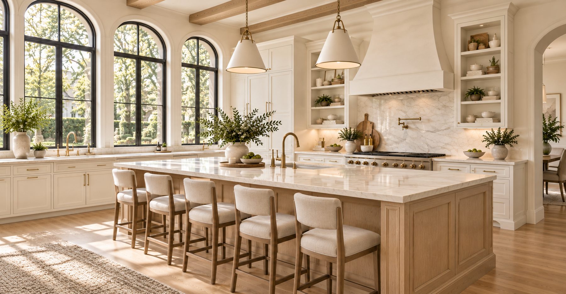 A bright kitchen with a marble island